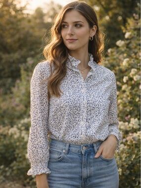 J. Crew Blue Floral Ruffle Collar Button Down Blouse Cottagecore Feminine Top